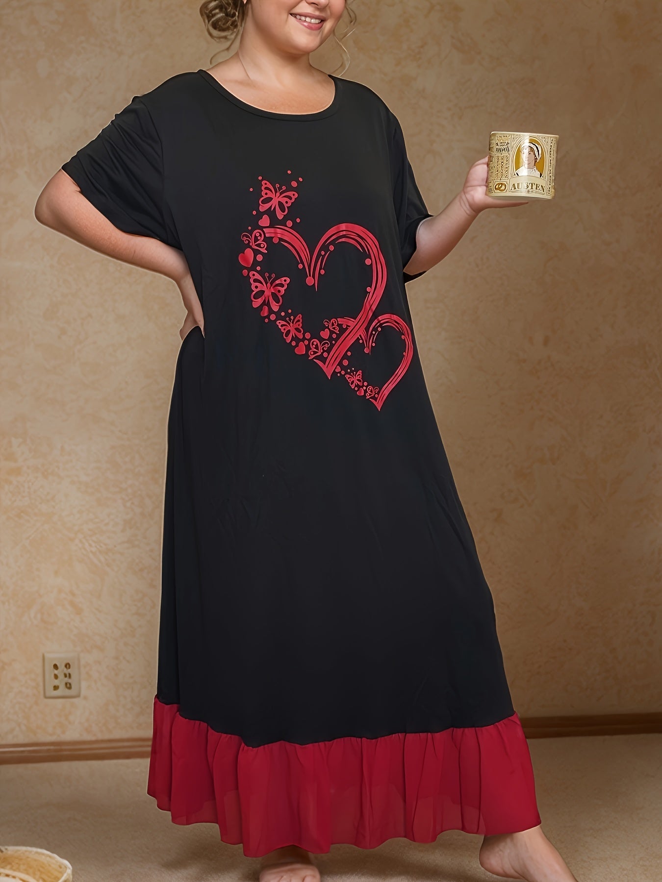 Plus Size Black Chiffon Nightgown with Red Ruffle Hem and Heart