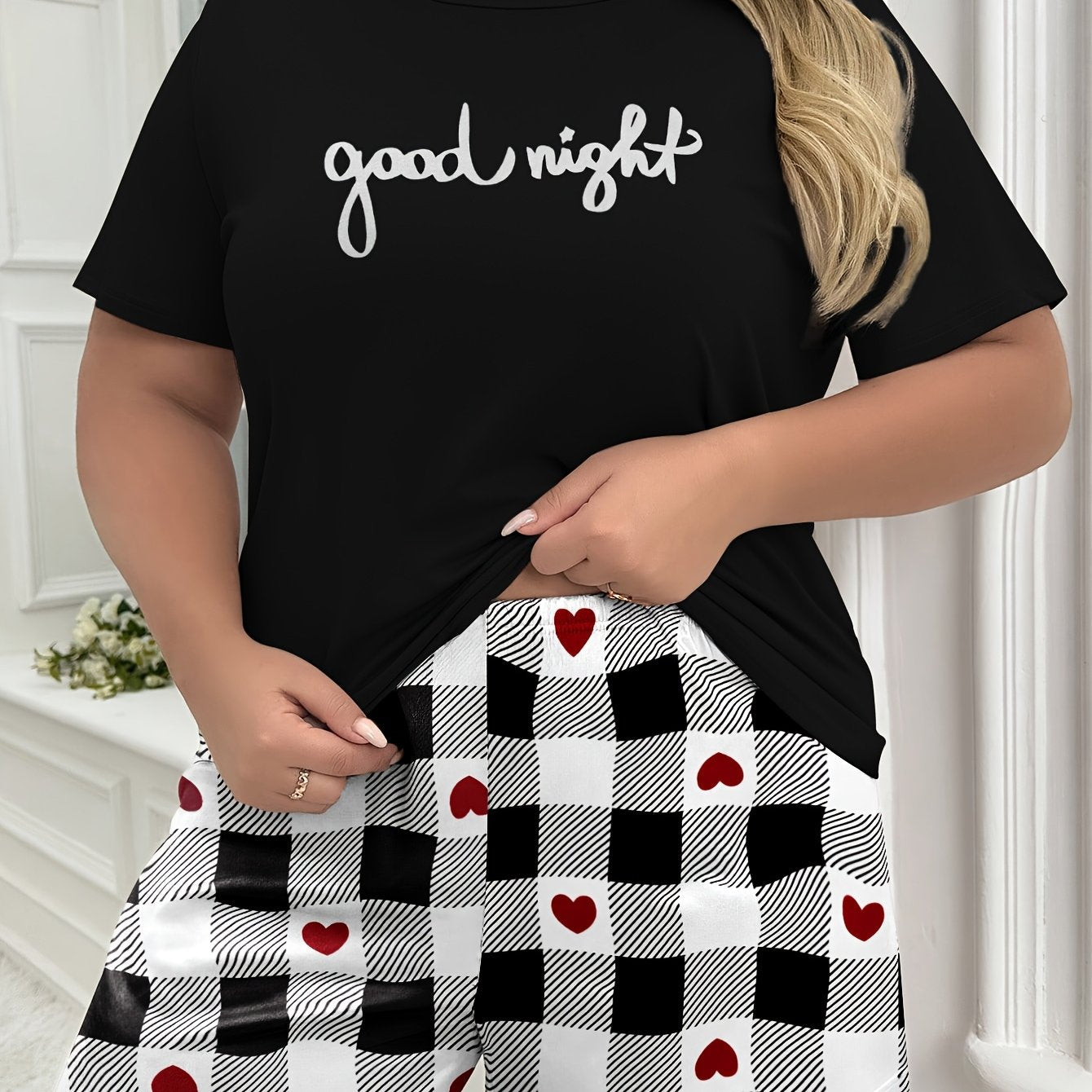 Plus Size Women's Pajama Set Short Sleeve Checkered Cartoon Print Sleepwear