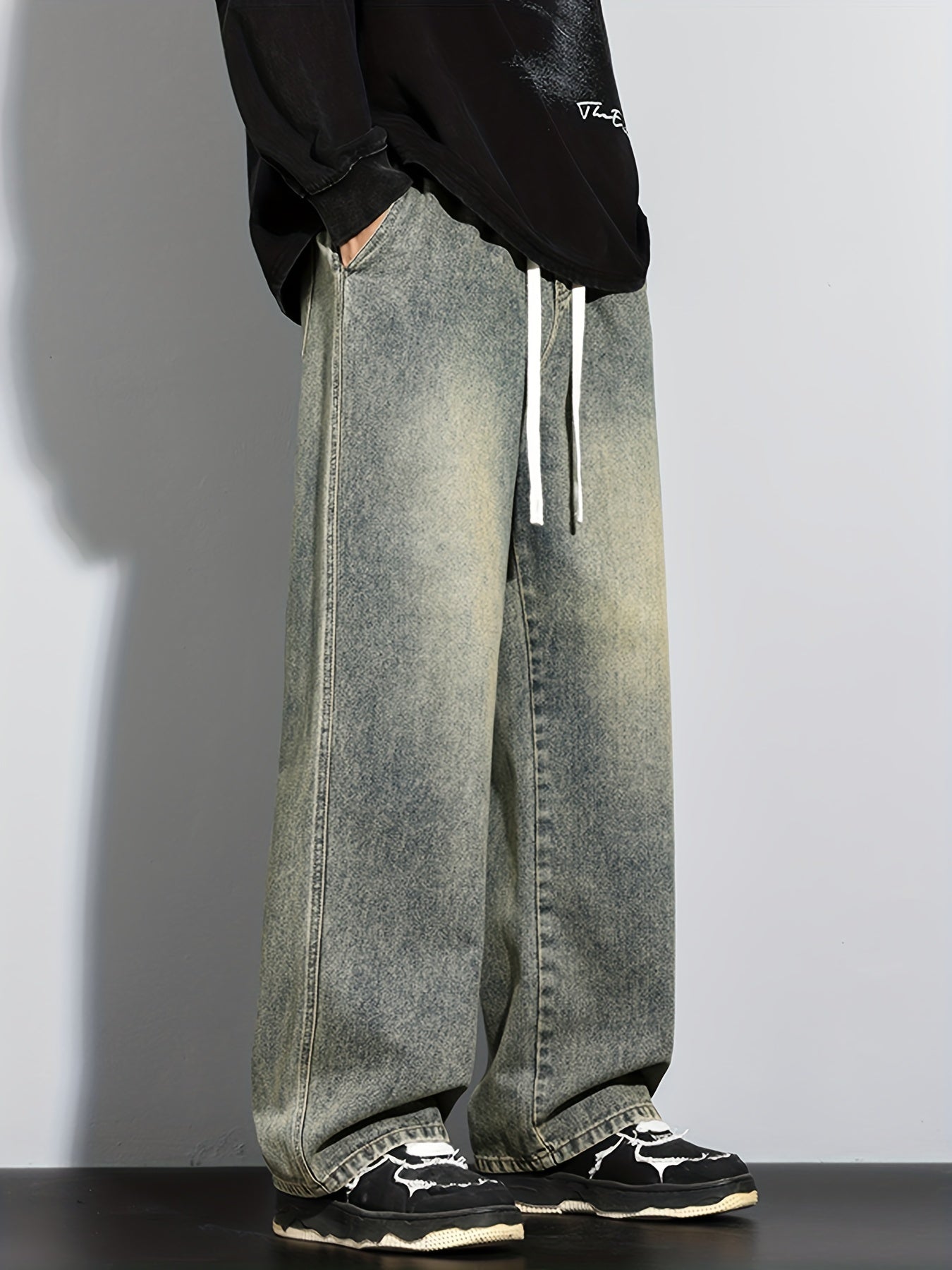 Мужские повседневные свободные джинсы с эластичным поясом из стёганого денима, без растяжения, доступны в 5 цветах