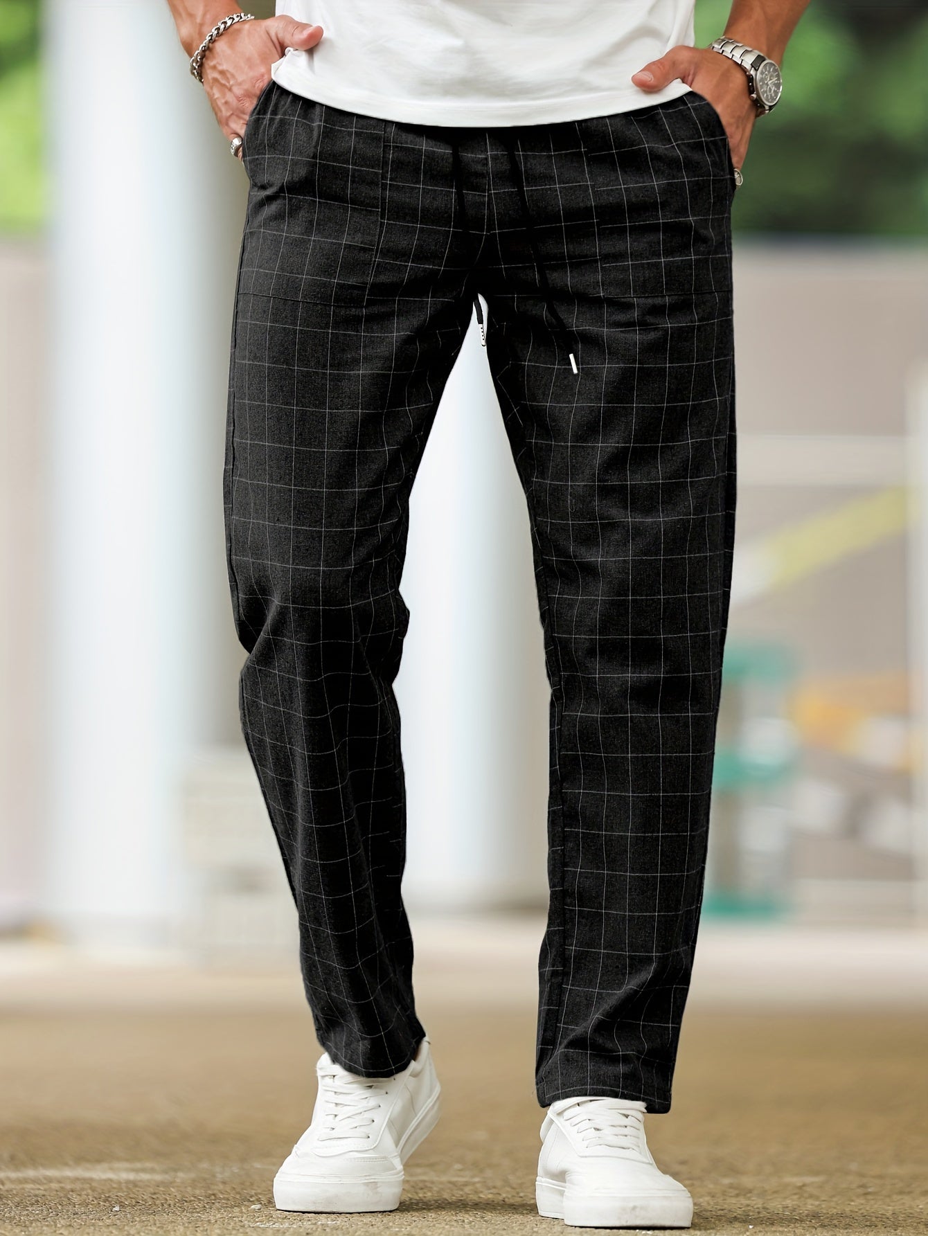 Men's Polyester Pants with Drawstring Waist Casual Striped Plaid Cropped Spring Fall