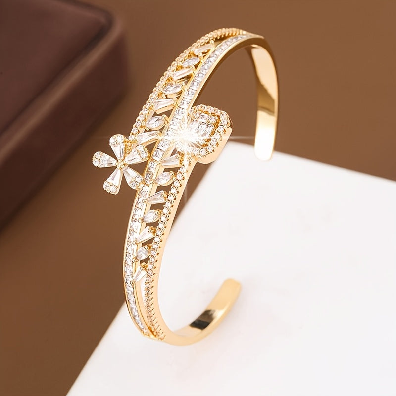 Adjustable Copper Bangle with Peach Blossom Design and Cubic Zirconia Inlay