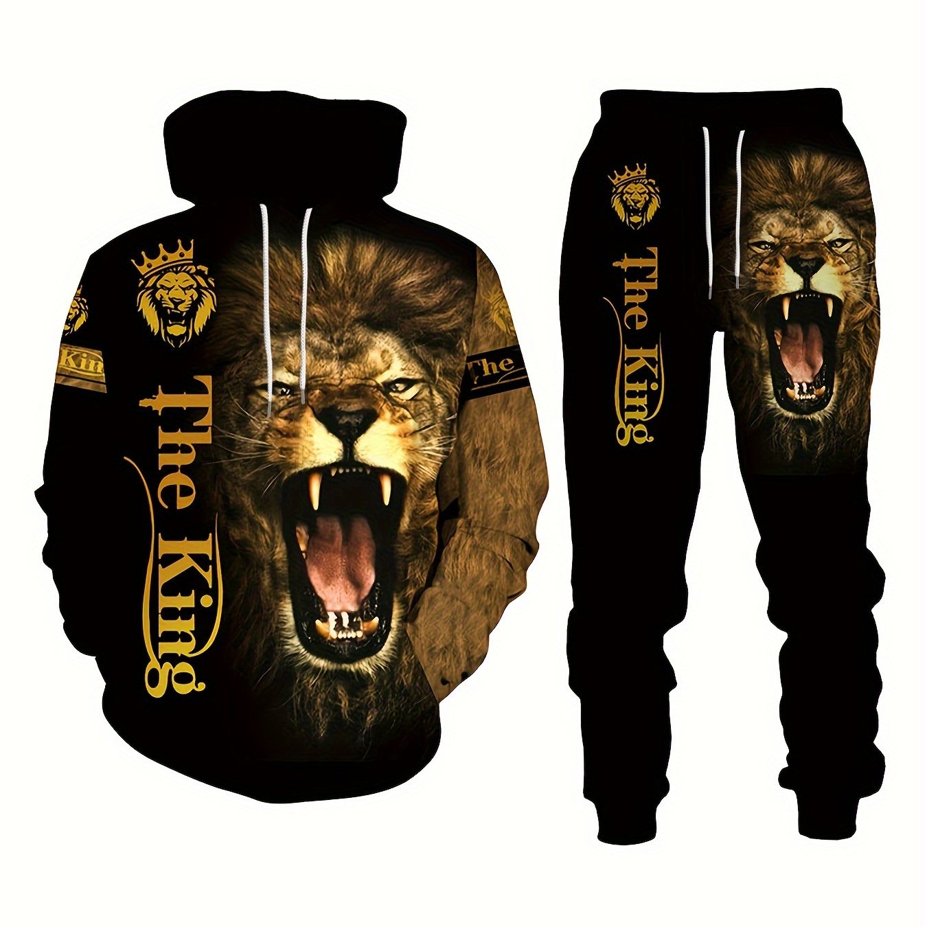 Men's Plus Size Lion Print 3D Hoodie and Sweatpants Set for Autumn Winter
