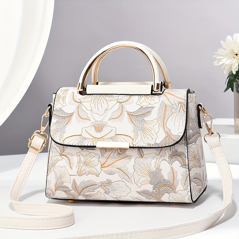 Large Capacity Floral Embroidered Crossbody Bag with Zipper Closure and Polyester Lining