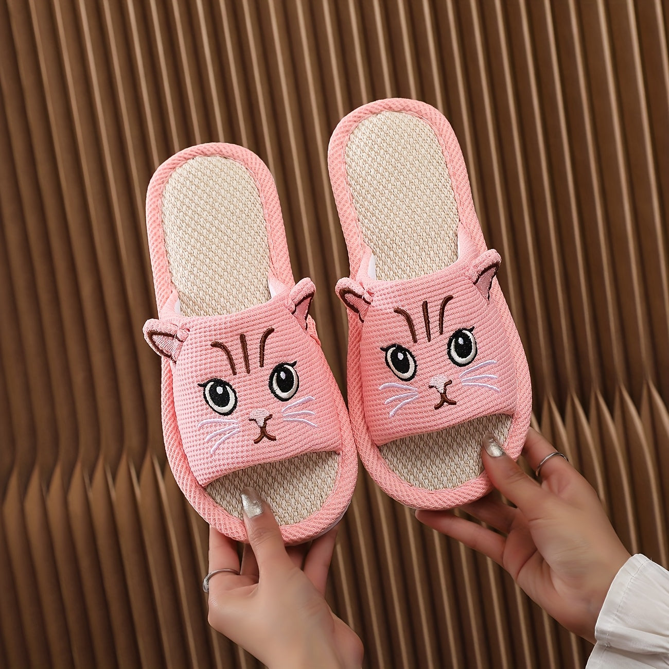 Kids or Adults Cartoon Cat Slippers Linen EVA Sole Non-Slip Open-Toe