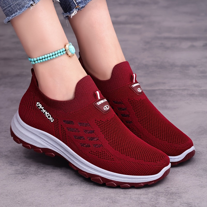 Women's Slip-On Sneakers Breathable Mesh Casual Shoes Maroon White