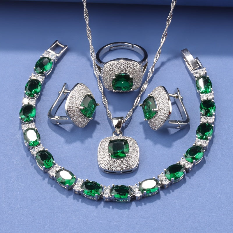 French-Inspired Holiday Jewelry Set Square Earrings Ring Necklace Pendant Bracelet Christmas Gift