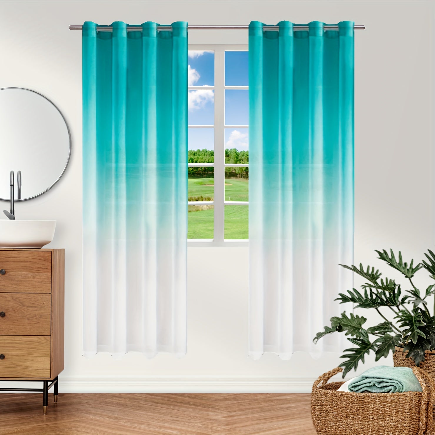 Bohemian Ombre Sheer Curtain Blue to White UV Protective Polyester for Bedroom Living Room