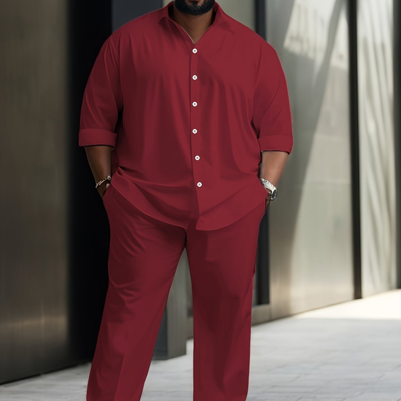 Men's Plus Size Casual Outfit Set Long Sleeve Button-Up Shirt and Pants with Pockets