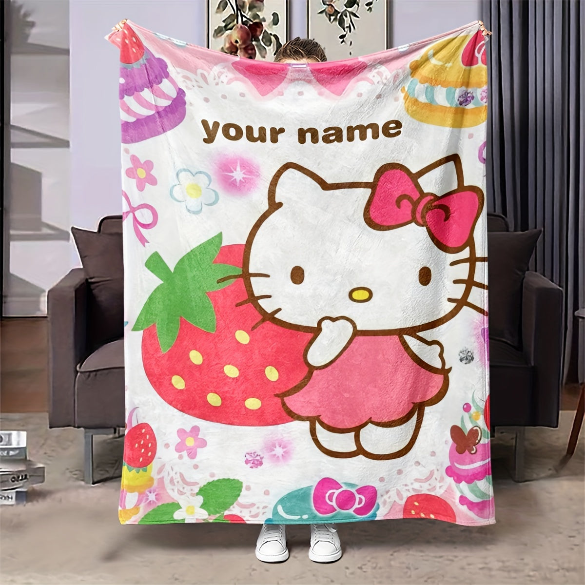 Cartoon Hello Kitty Custom Flannel Blanket Cozy Soft Warm Gift for Fans