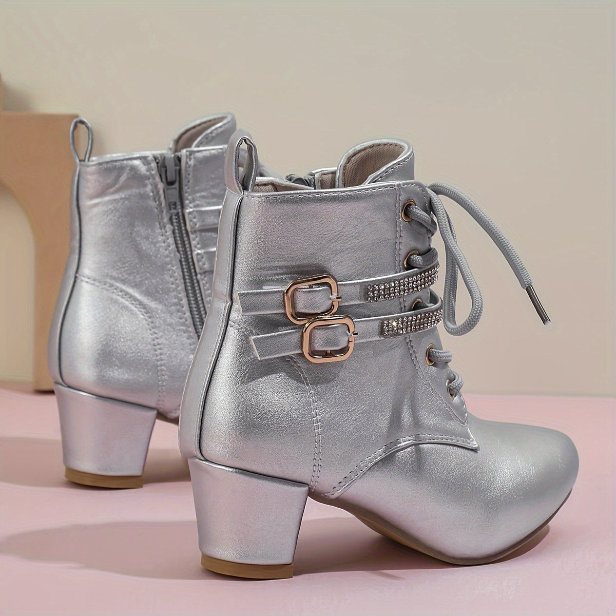 Women's White Ankle Boots with Golden Buckles Side Zipper Chunky Heel