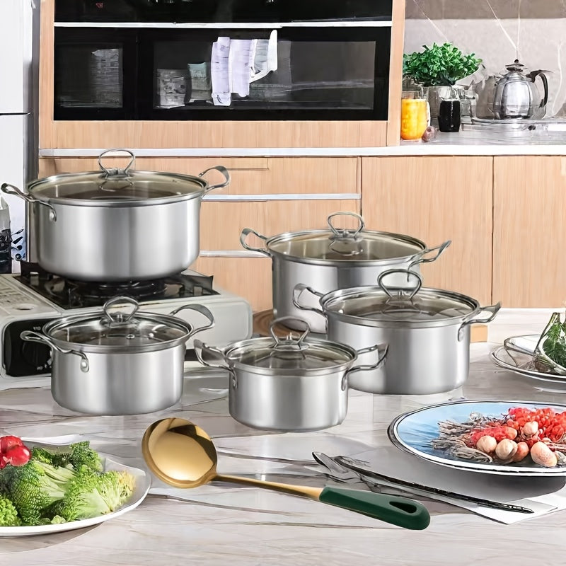 10-Piece Stainless Steel Stockpot Set with Double Handles and High Sides