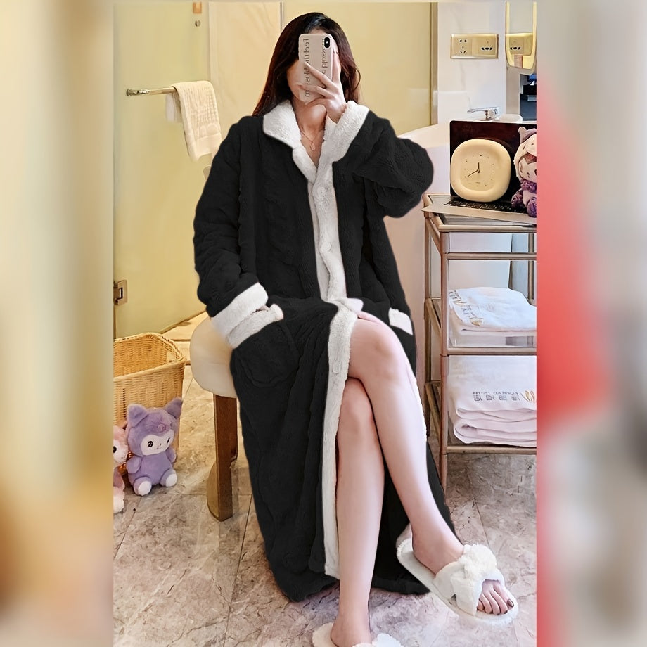 Pink Coral Velvet Women's Bathrobe with Contrast Trim Cozy Lounge Wear