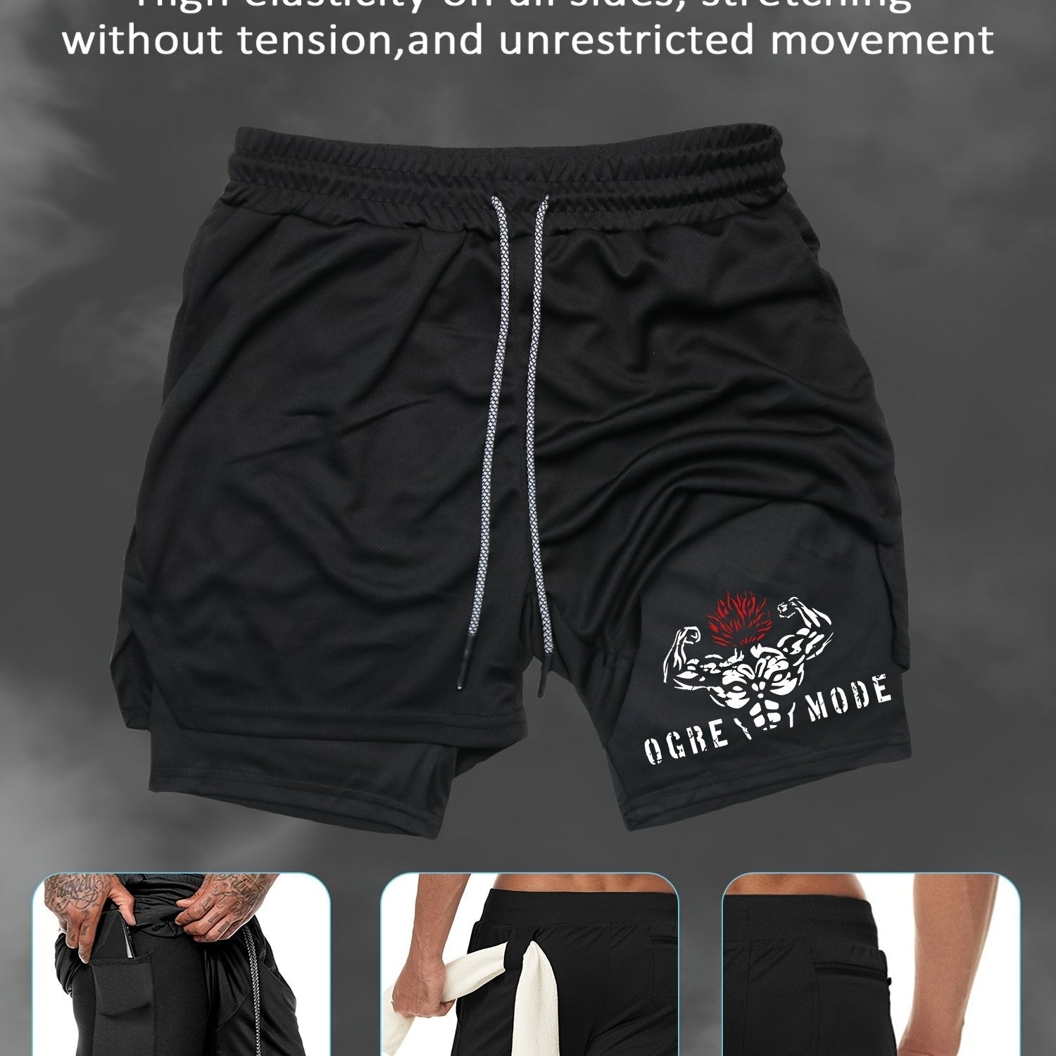 Men's Summer Print Dual-Layer Shorts Breathable Quick-Dry Pockets Casual Sports