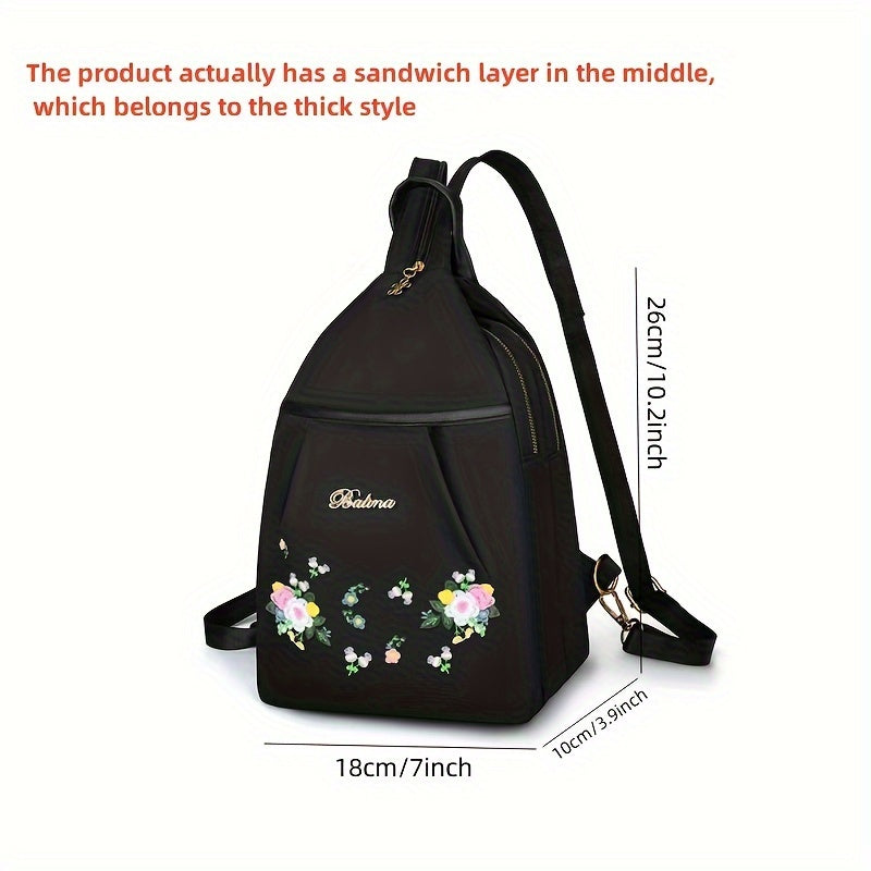 Nylon ayollar uchun ruksak, gullar bilan tikilgan, sozlanadigan kamarlar, qulaylik uchun qalin g'ovak qatlam, va zip yopilishi. Sayohat, ta'til, telefon, kalitlar va hamyon saqlash uchun ideal. Mavjud bo'lgan