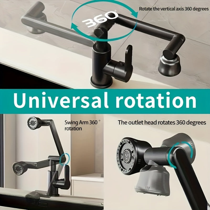 Black Bathroom Faucet with Hot and Cold Water, Four Spout Modes, Mechanical Arm