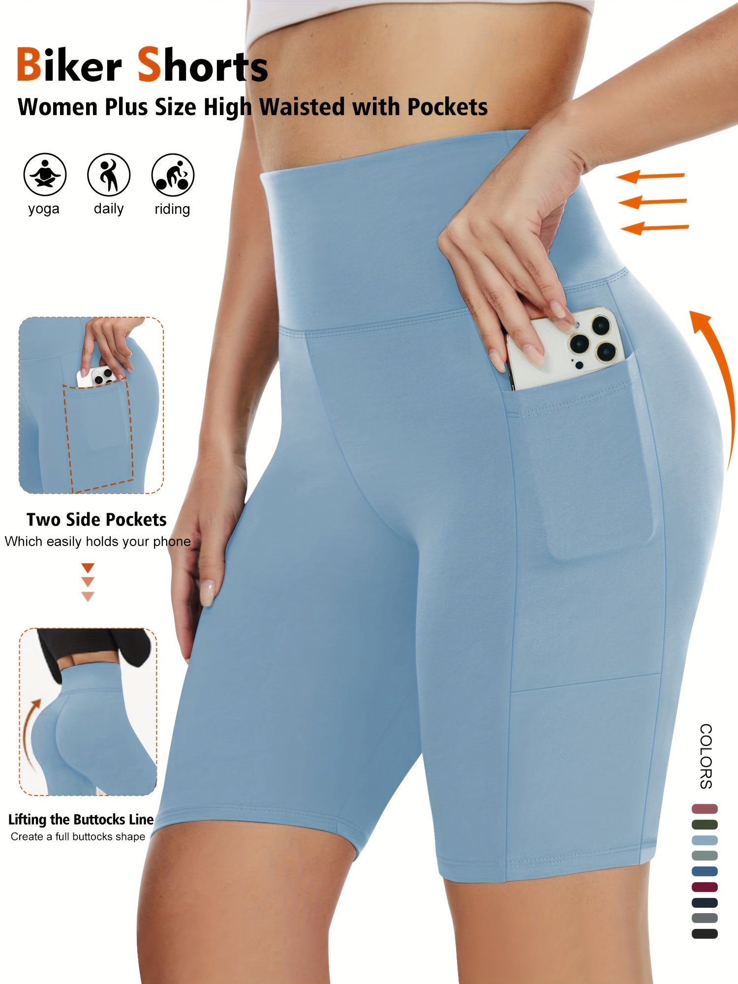 Pantalones cortos de tiro alto con elastano y bolsillos para mujer talla grande para verano