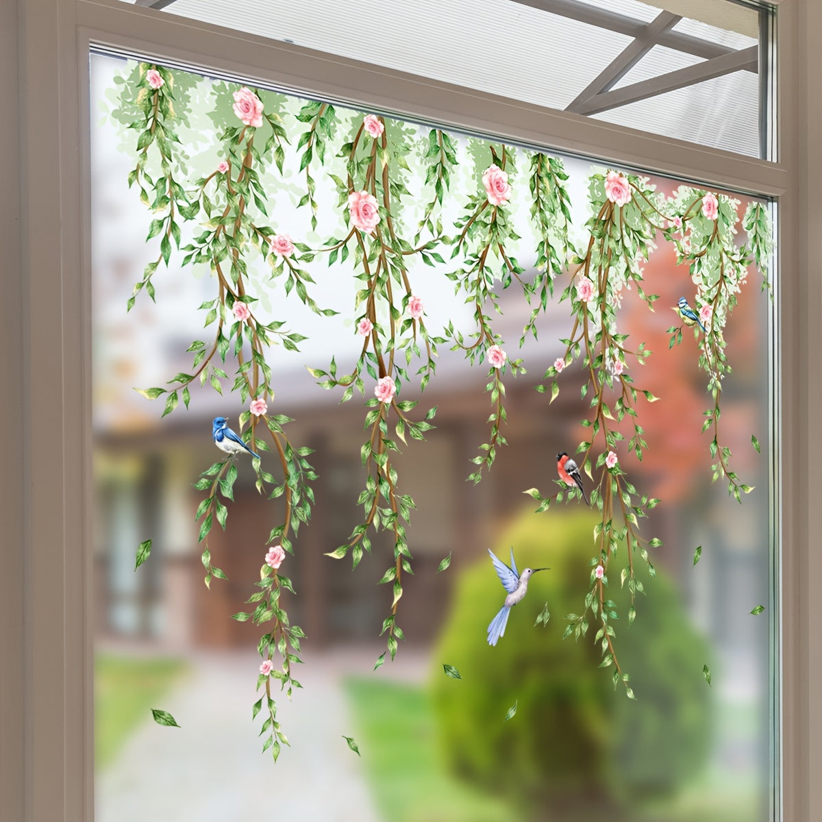 Dual-Sided Vine and Butterfly Window Decal Floral Bird Design Static Cling PVC Easy to Apply