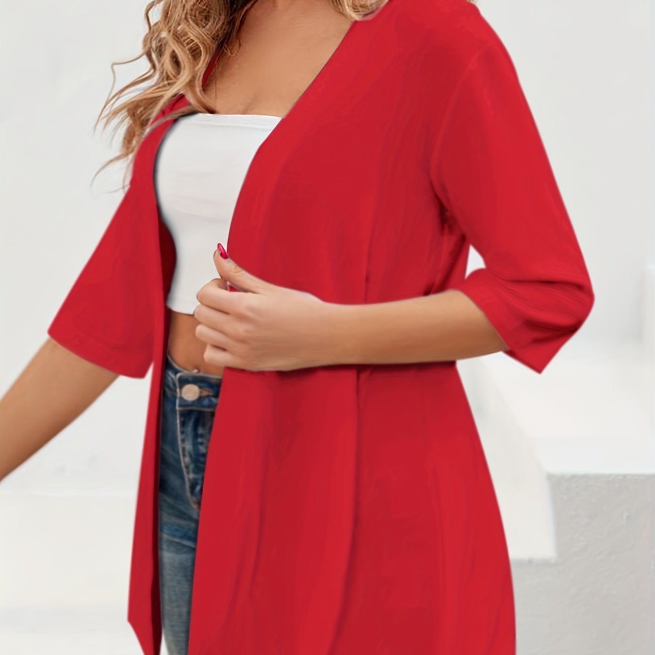 Plus Size Women's Cardigan Open Front Solid Color Half Sleeve Fall Winter