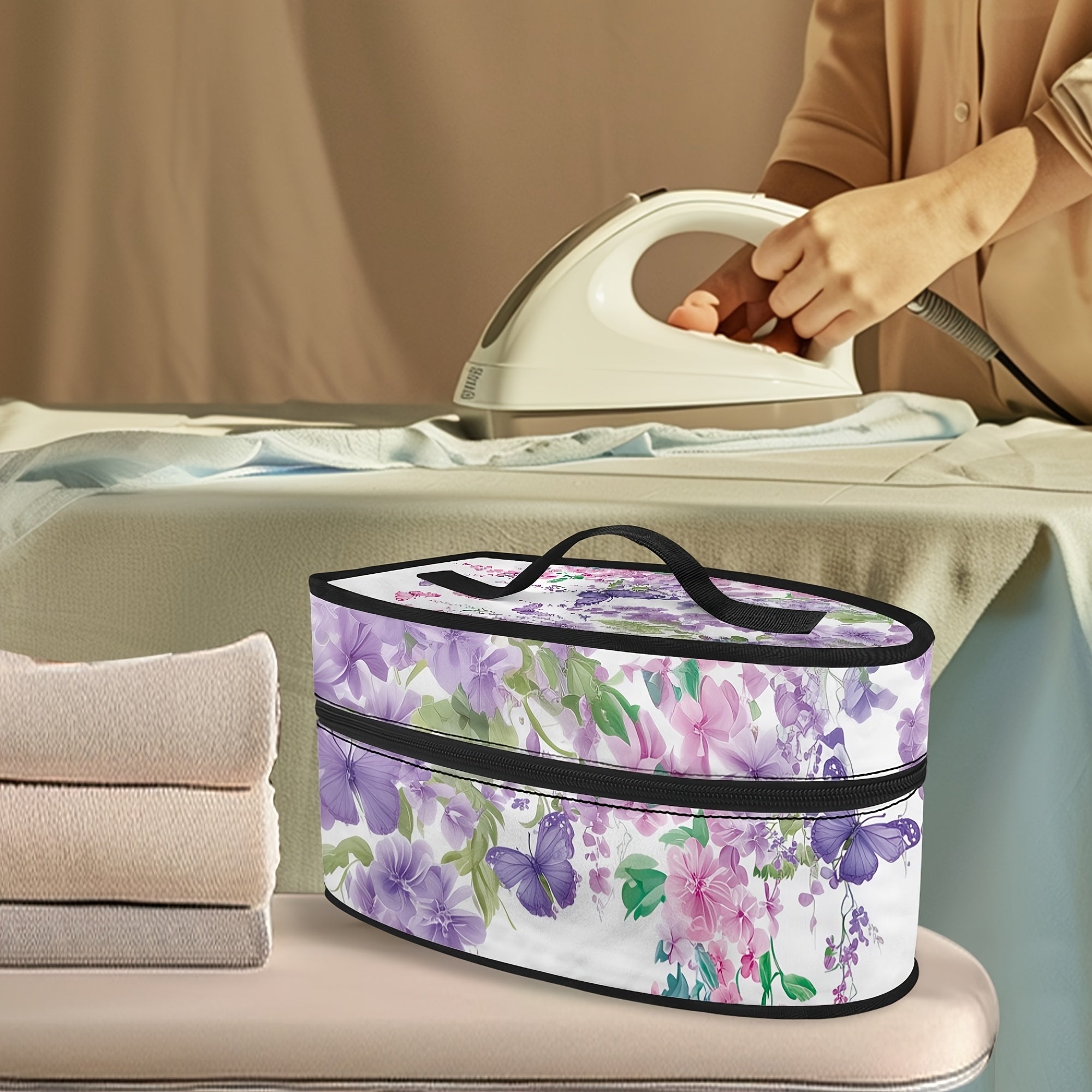 Floral Butterfly Ironing Bag with Top Handle and Double Zipper for Travel Storage