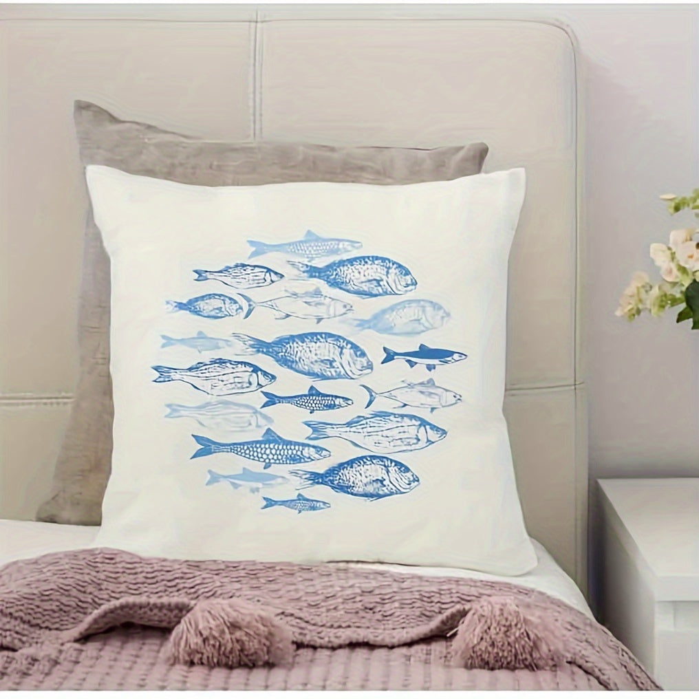 Blue Fish Sketch Linen Pillowcase Single-Sided Zip Closure for Sofa Bed Decor