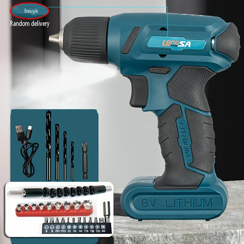Lithium Electric Drill Set with USB Charging LED Light Cordless Screwdriver for DIY Tasks