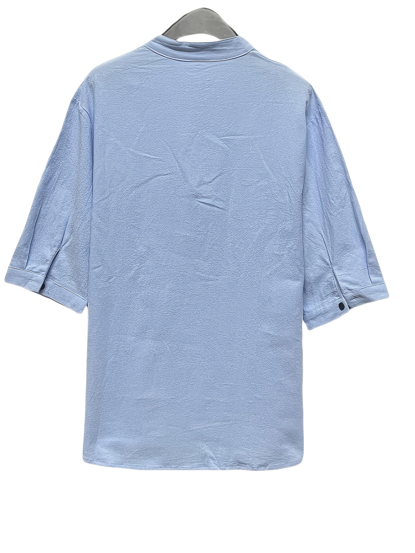 Men's Summer Casual Shirt Solid Color Stand Collar Mid-Sleeve Chest Pocket Cotton Blend