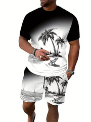 Tropical Beach Sunset Lounge Set with 3D Palm Tree Print Short Sleeve Crew Neck Tee and Drawstring Shorts for Women