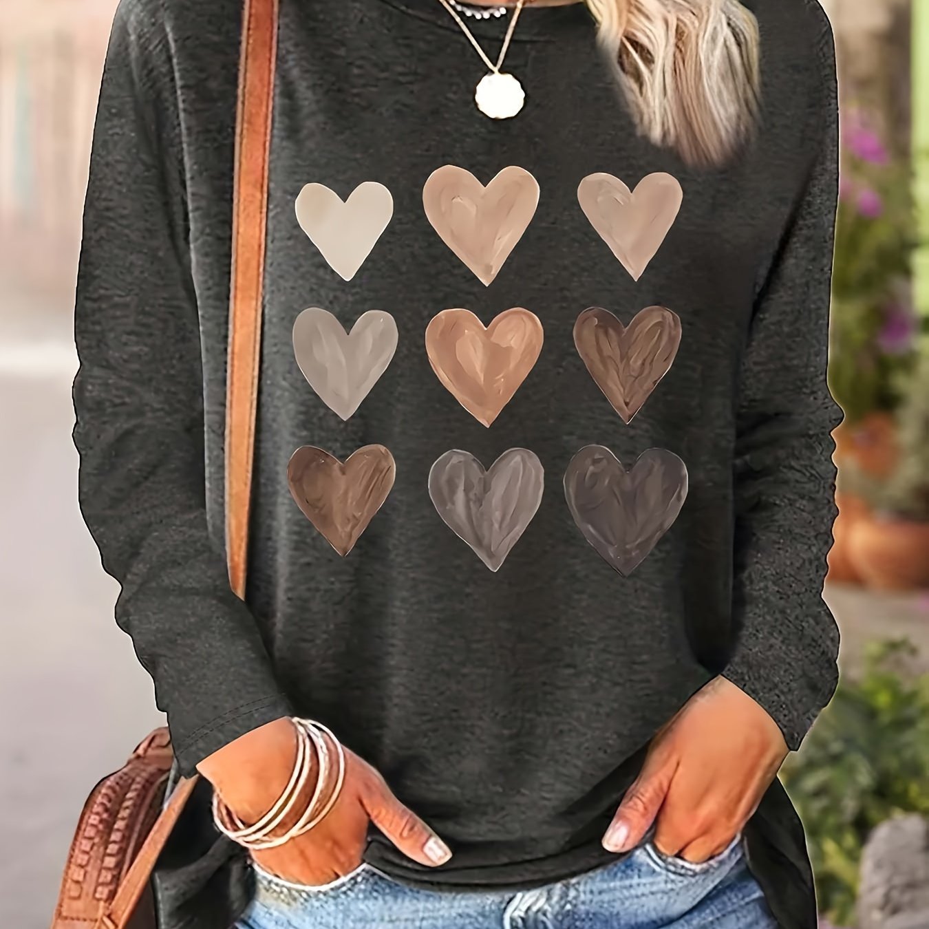 Plus Size Long Sleeve T-Shirt Polyester Knit Heart Pattern Crew Neck Spring Fall