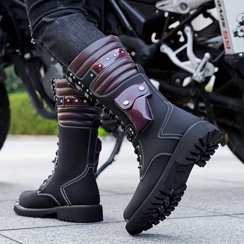 Men's High-Top Leather Motorcycle Boots with Non-Slip Soles for Outdoor and Casual Wear