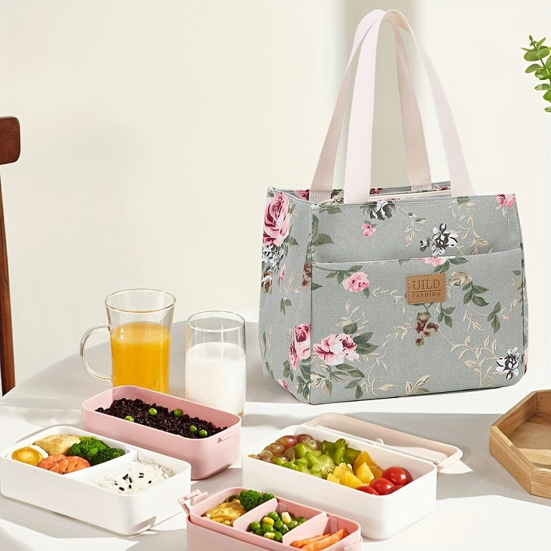 Insulated Waterproof Lunch Bag with Aluminum Foil Floral Canvas Large Capacity for Work Travel Picnics
