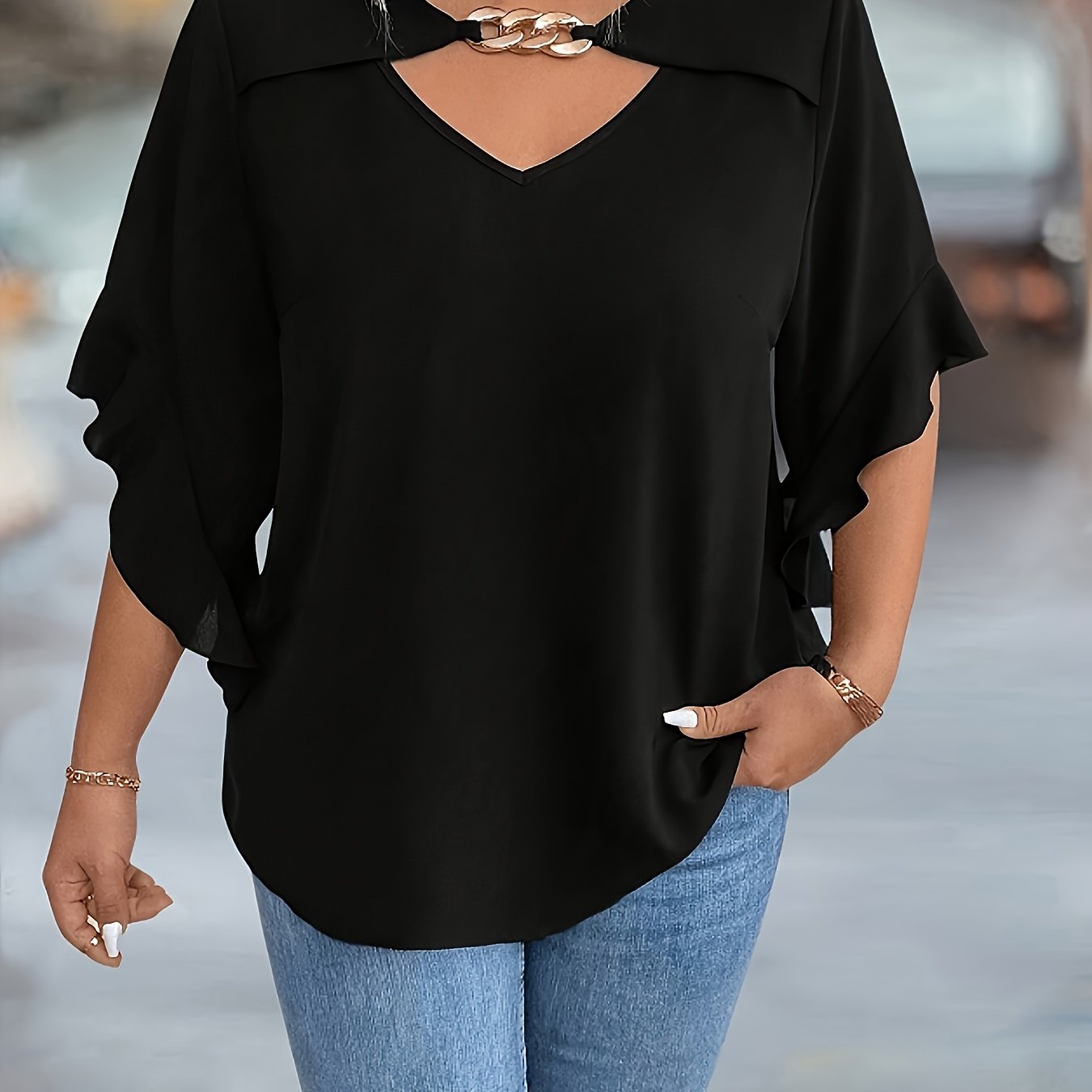 Plus-Size Black V-Neck Women's Top Polyester Spring Summer Shirting