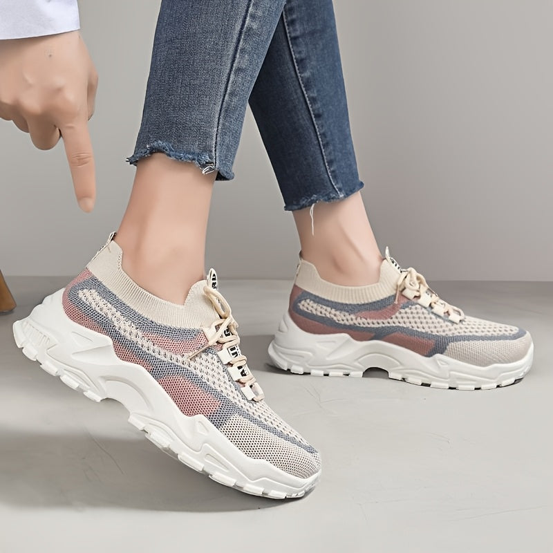 Women's Knit Sneakers Color-Block Low-Top Running Shoes Lightweght Fabric