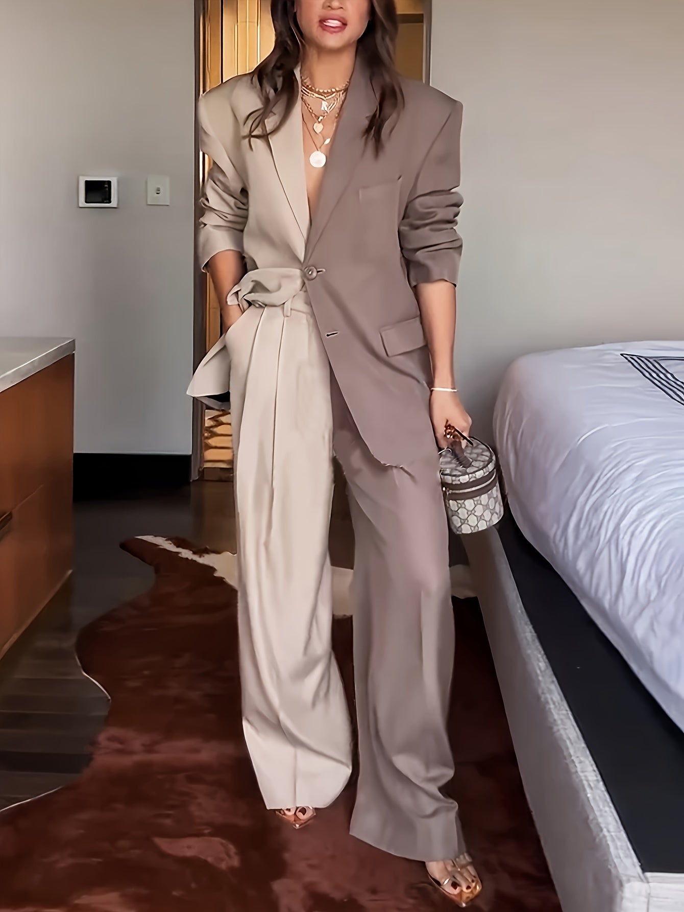 Color-Blocked Blazer and Wide-Leg Pants Set for Women Spring Fall Elegant Polyester