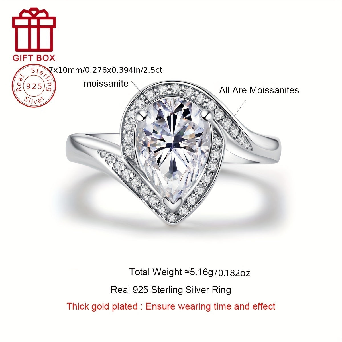 Sterling Silver Moissanite Teardrop Ring 7x10mm 2.5CT Engagement Wedding Jewelry for Women