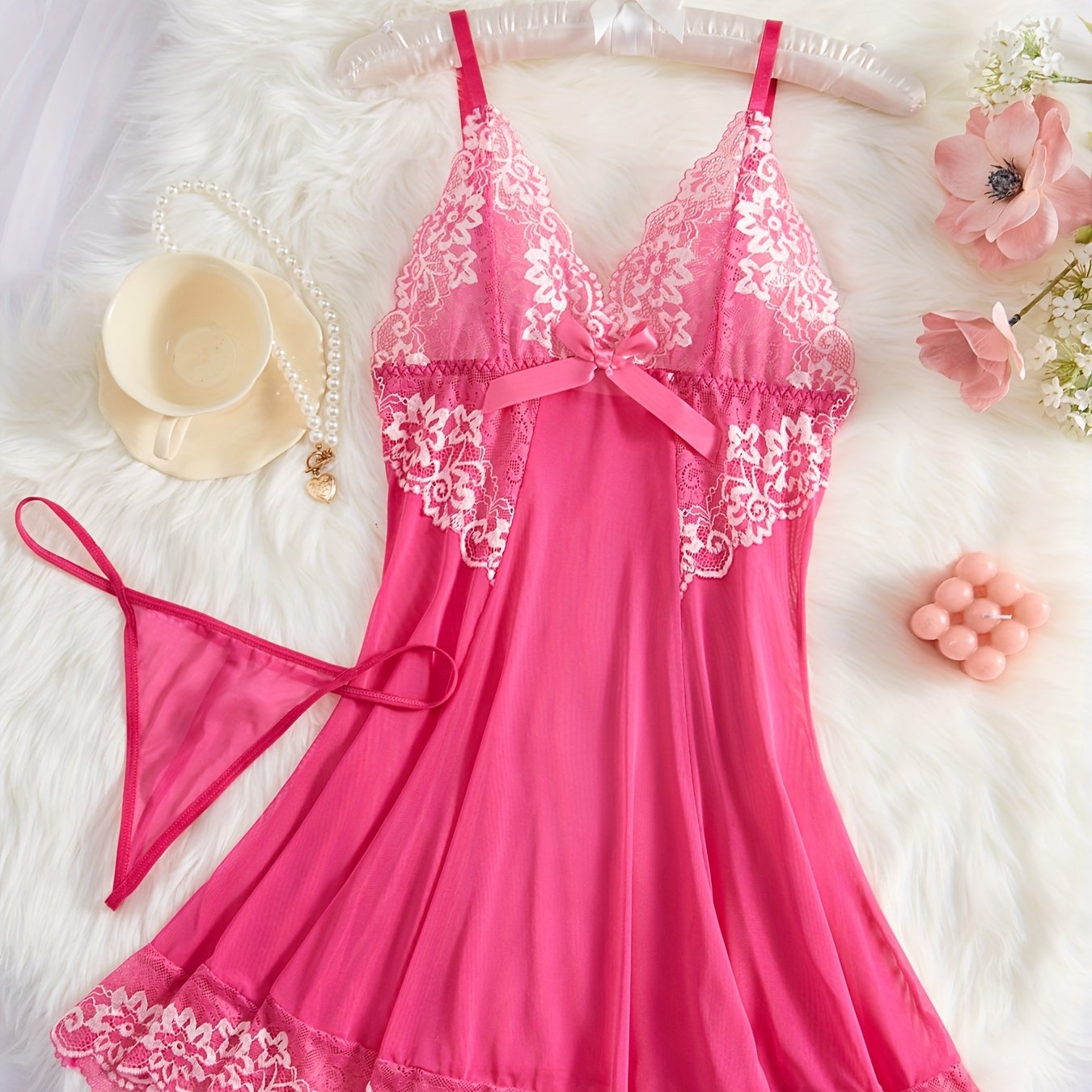 Camison de encaje para adultos con la espalda profunda en forma de V y lazo para dormir o celebraciones