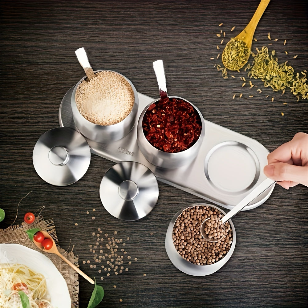 Stainless Steel Salt and Pepper Storage Jar with Spoon Scratch-Resistant Kitchen Organizer