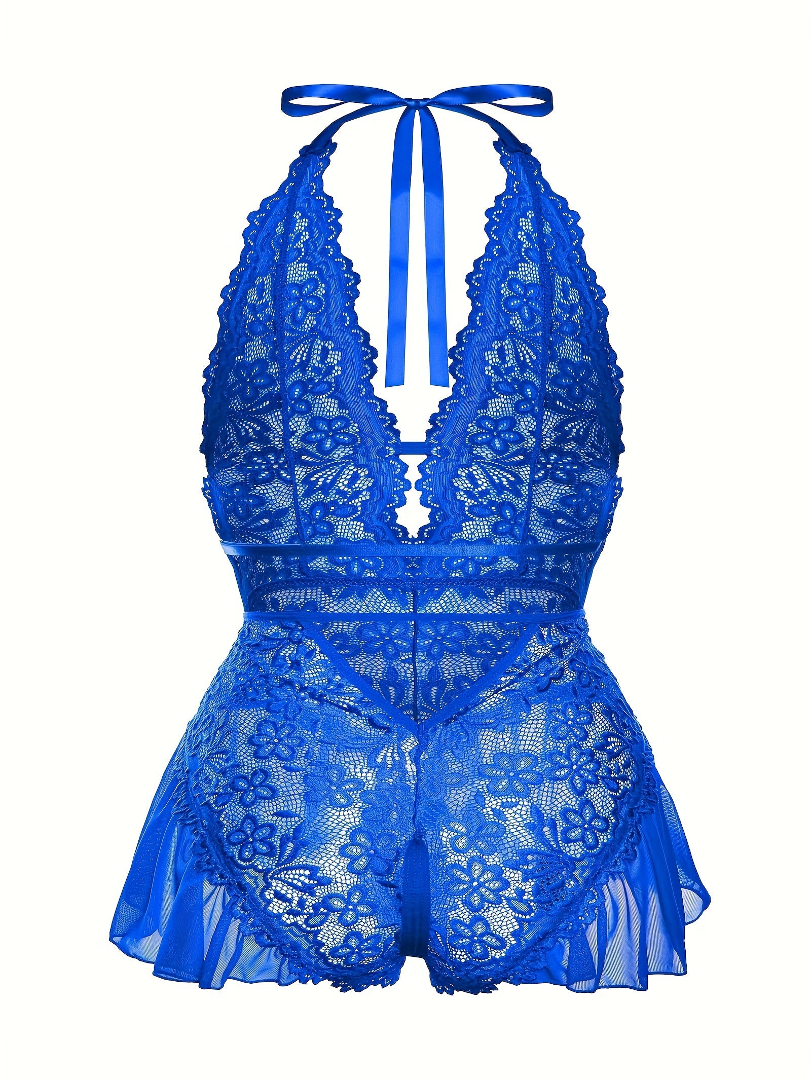 Women's Lingerie Bodysuit Floral Lace Plus Size Deep V Ruffle Halter