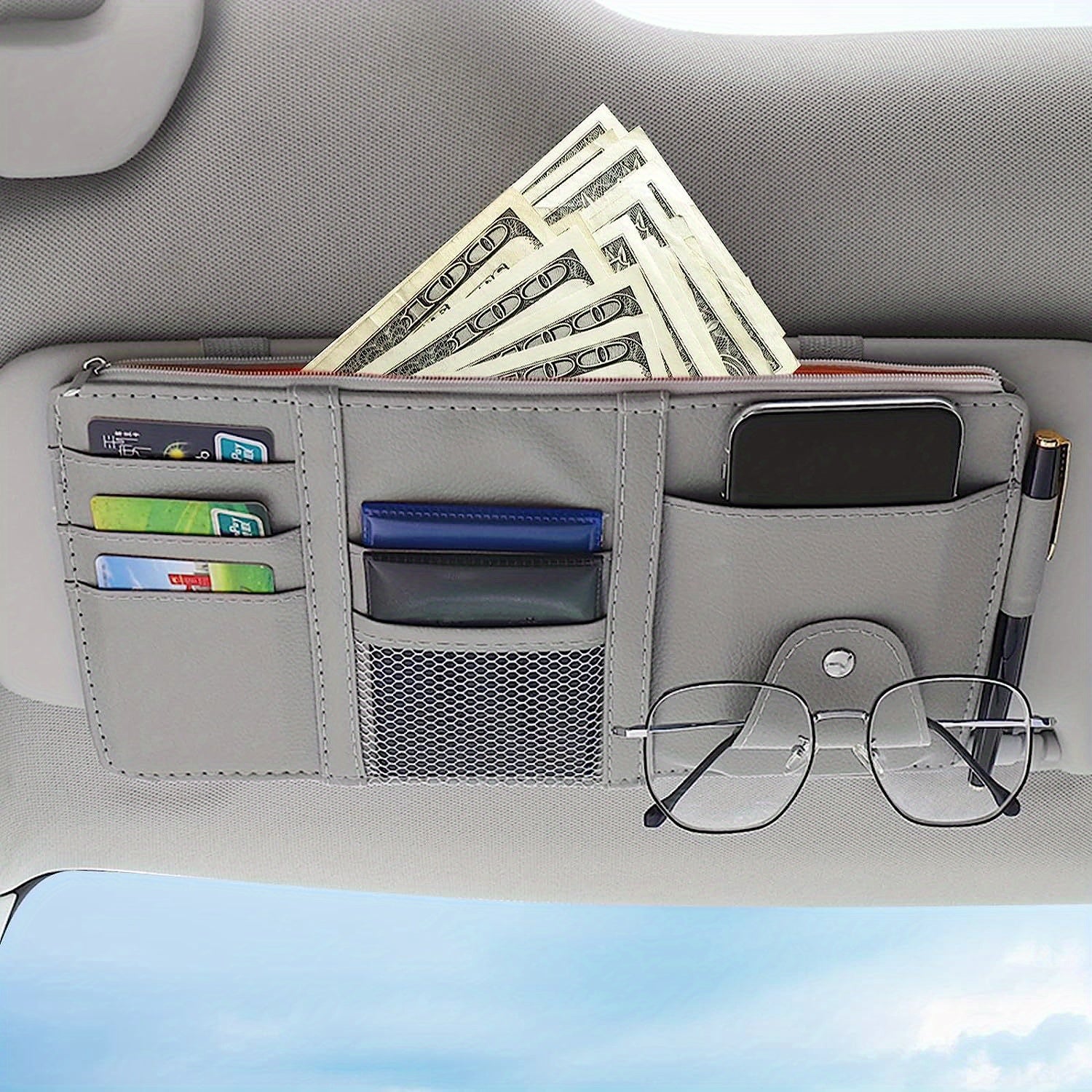 Car Sun Visor Organizer with Multiple Pockets and Card Holders in PU Leather