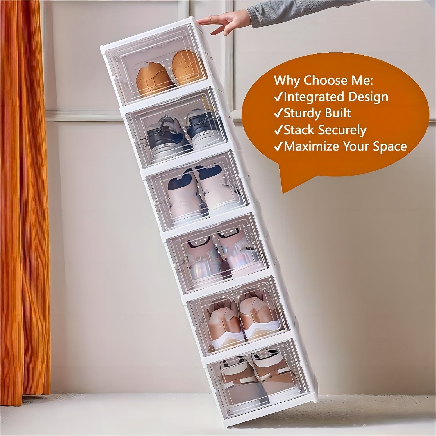 6-Tier Stackable Shoe Storage Box Set Waterproof Clear Plastic Drop Front Organizer