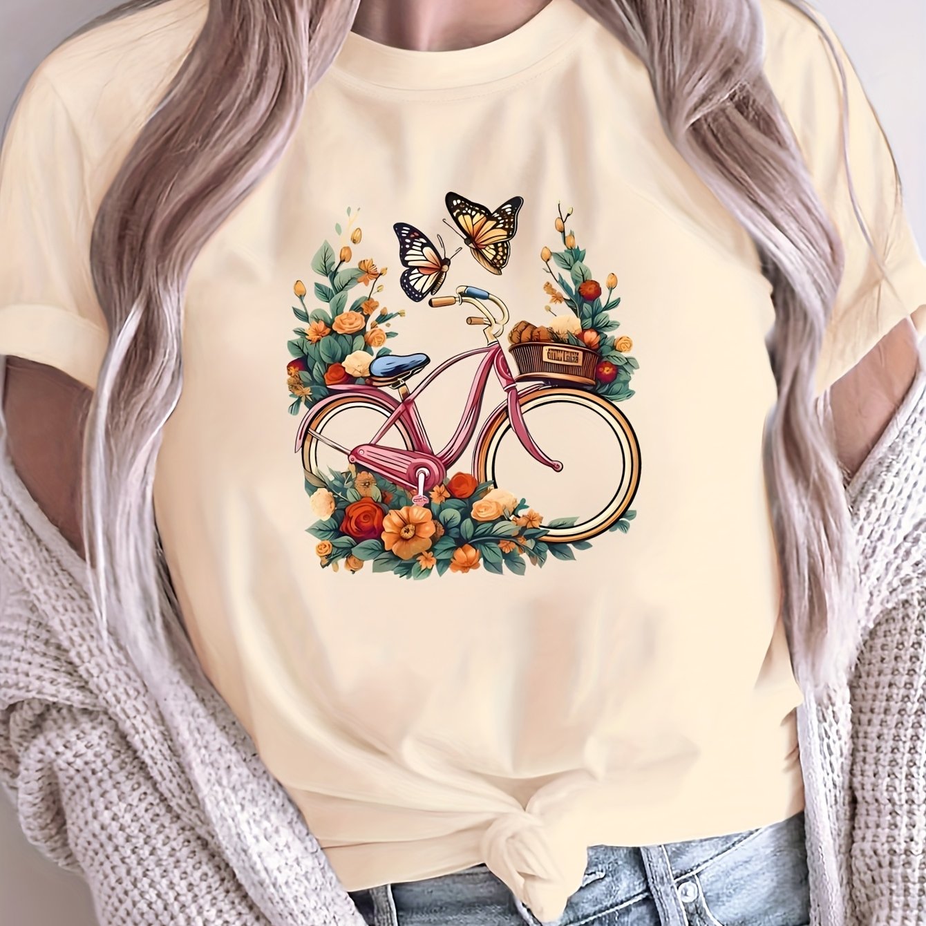 Women’s Floral Bicycle Print T-Shirt Casual Crew Neck Breathable Polyester Black