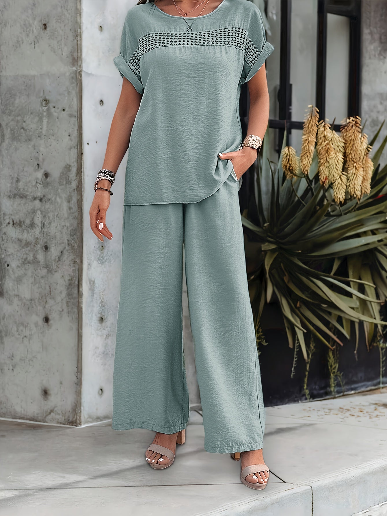 Women's Solid Color Pants Set with Lace Detailing for Spring and Summer