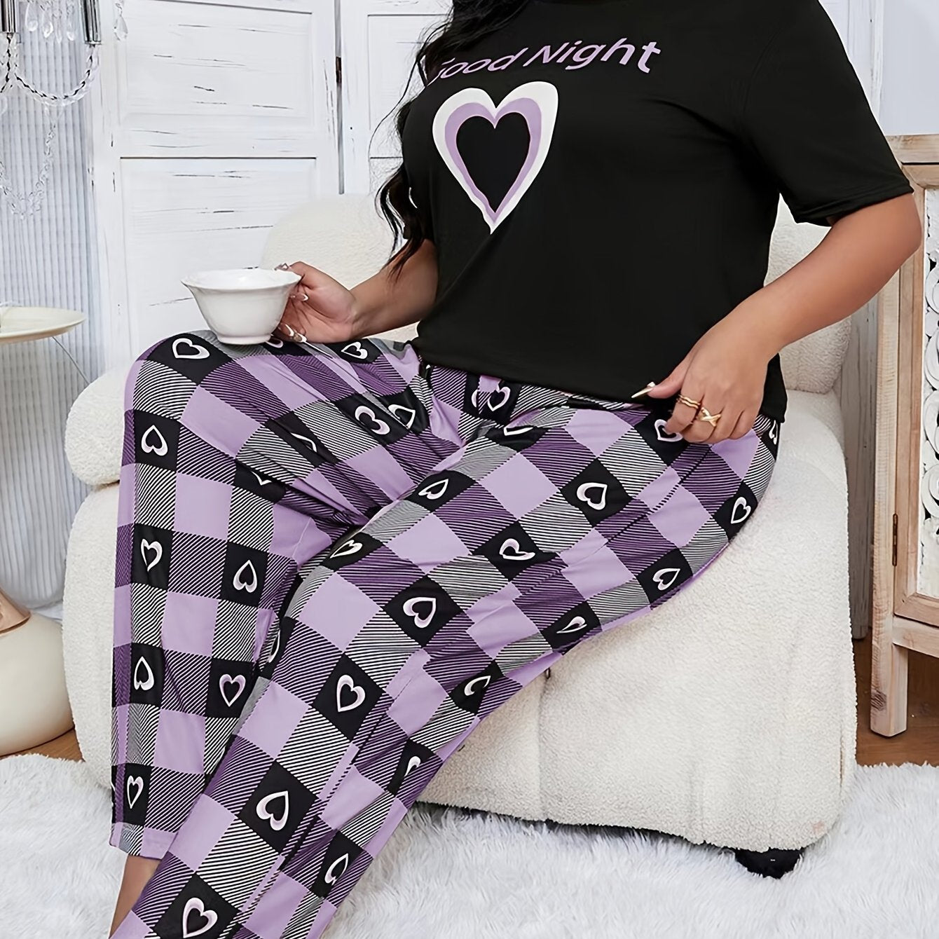 Women's Heart Print Casual Loungewear Set Black Short Sleeve Top and Pants