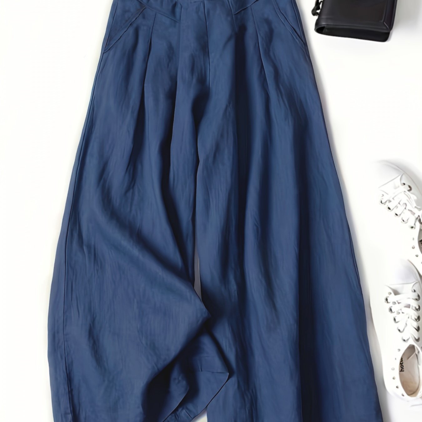 Plus Size Women's High Waist Wide Leg Pants Summer Casual Solid Blue Non-Stretch