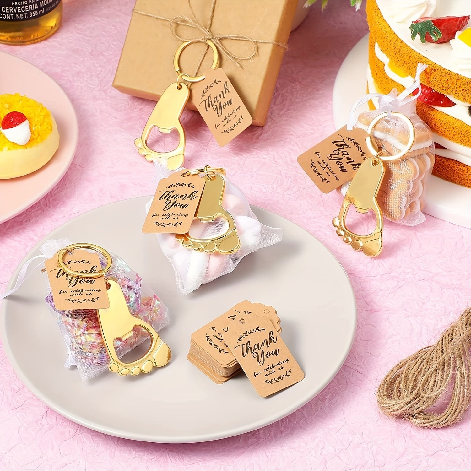 10 ta Iz kalit zanjiri shishka ochgich to'plami, organza sumkasi, rahmat yorlig'i va 30CM ip bilan