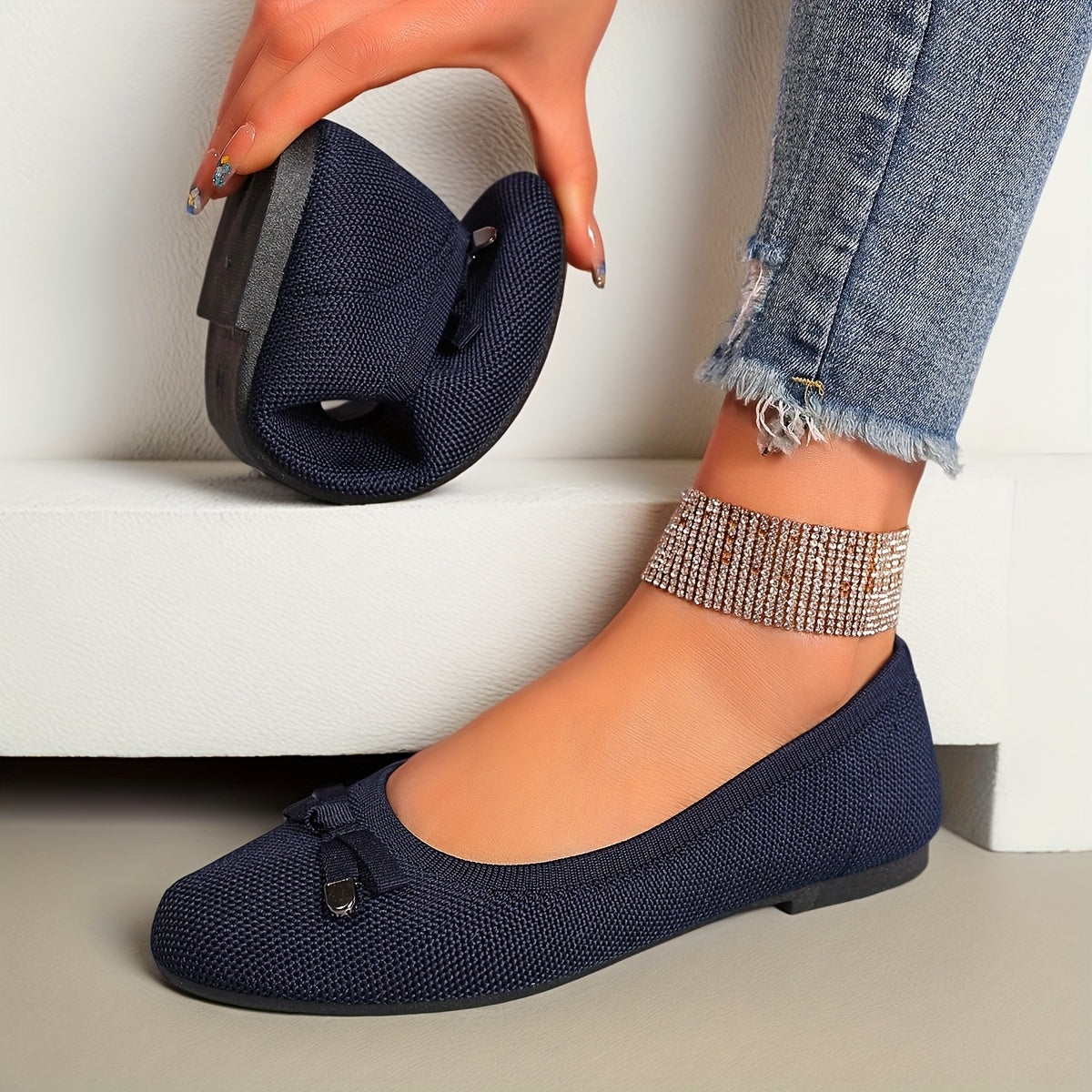 Women’s Casual Ballet Flats Soft Knit Fabric Round Toe Slip-Ons