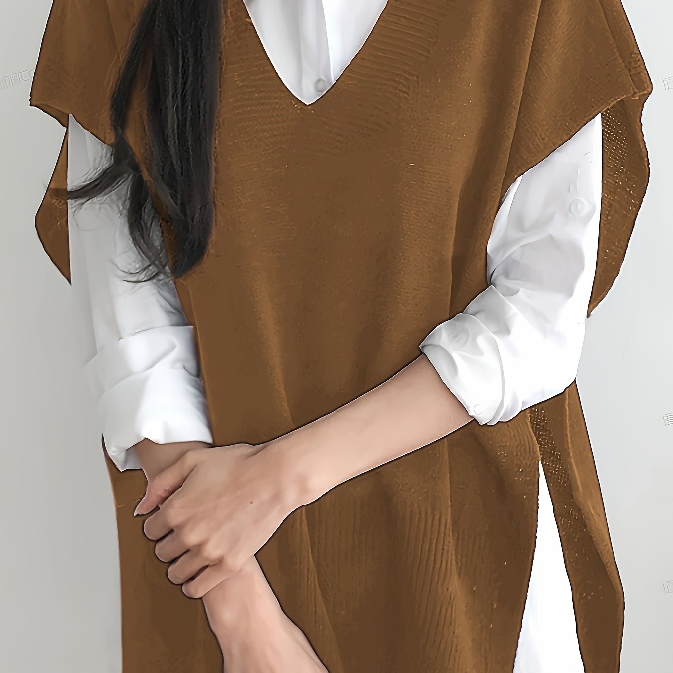 Women's Plus Size V-Neck Slit Top Stretchy Semi-Sheer Blouse