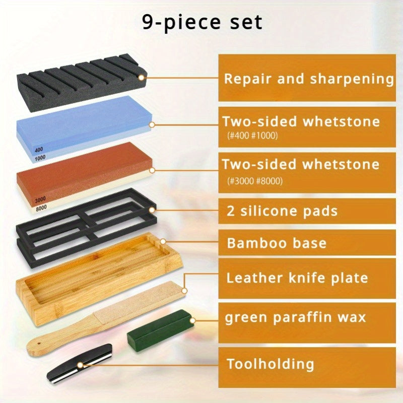 9-ta professional pichoq silliqlash to'plami, sirpanmaydigan asos, tekis toshlar, burchak qo'llanmasi, charm bilan silliqlash