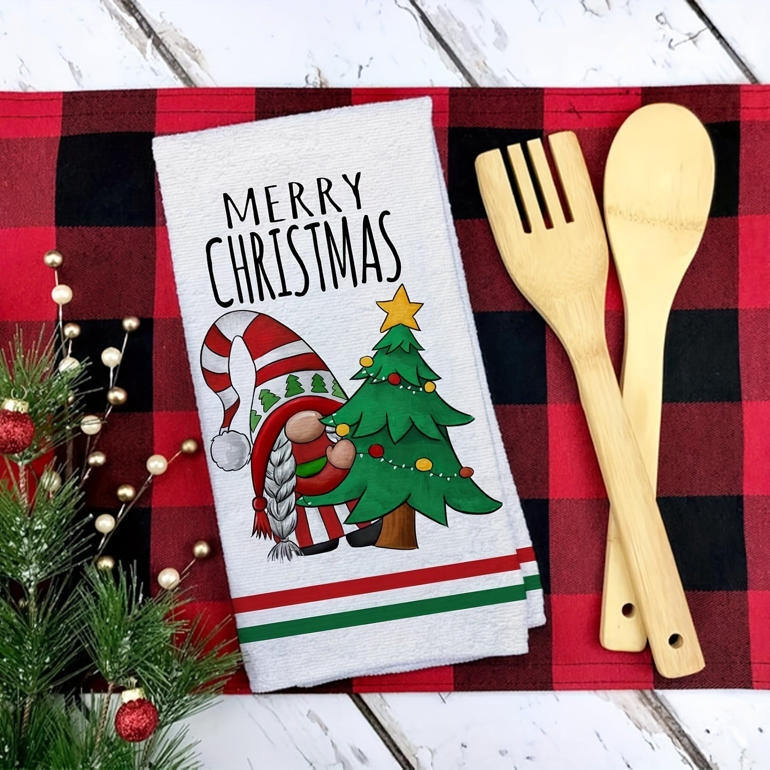 Set of 2 Christmas Gnome Kitchen Towels Red Green Holiday Hand Drying Baking 18x28 Inches