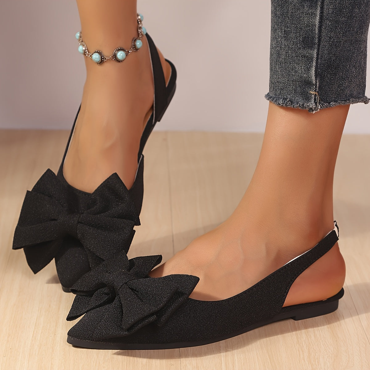 Women's Black Fabric Bow-Decorated Pointed Toe Slip-On Sandals