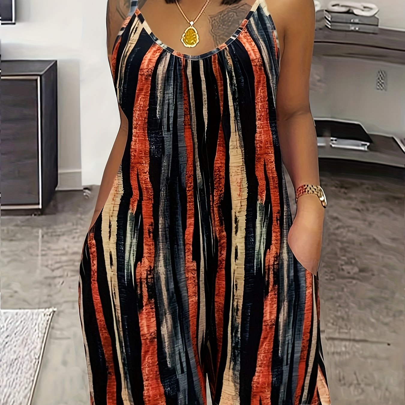 Mono sin mangas de talla grande para mujer con estampado a rayas y bolsillos